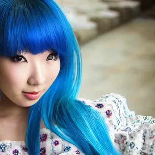 Prompt: Blue Haired Asian girl, Japanese style