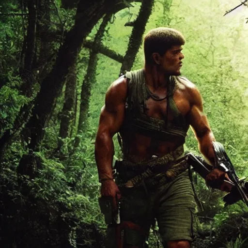 Image similar to stunning awe inspiring rambo fighting predator, movie still 8 k hdr atmospheric lighting