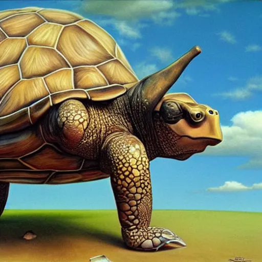 Image similar to a turtle wearing a cow head, surrealism, painting by boris vallejo and michael whelan