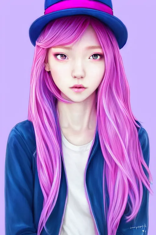 Image similar to gorgeous!!! hyper - realistic teenager girl with pink hair, light pink fedora hat and light pink jacket, with purple gloves, blue jeans and white shoes | drawn by wlop, drawn by jeehyung lee, drawn by artgerm | intricate, highly detailed, digital painting, character design, concept art, illustration, artstation