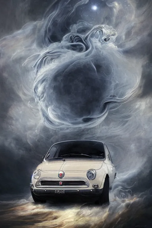 Prompt: Intricate stunning highly detailed FIAT 600 White from the 60s by agostino arrivabene and Vladimir Kush, surreal, digital painting, ultra realistic, Horror vacui, dramatic lighting, full moon, thick black swirling smoke tornado, burning fire embers, artstation