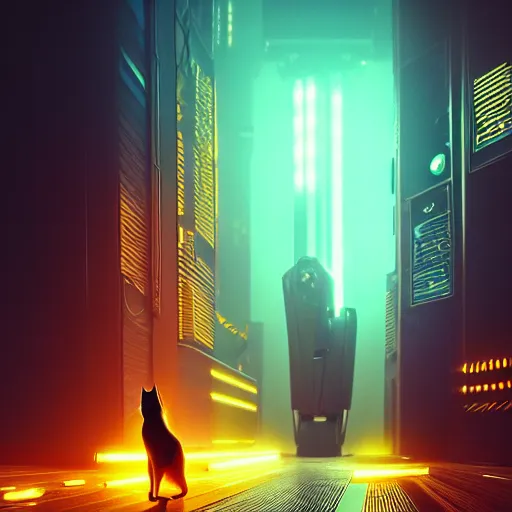 Image similar to professional photo of robot cat, cyberpunk background, blade runner, hyperrealistic masterpiece, trending on artstation, cgsociety, kodakchrome, golden ratio, cinematic, composition, beautiful lighting, hyper detailed, sharp focus, octane render, 4 k, unreal engine