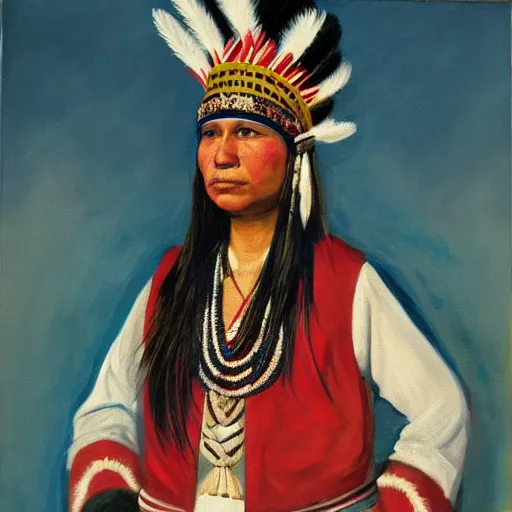 Prompt: Young Native American Woman as United States Emperor in her Ceremonial Garb, 1966, Stars and Stripes, Oil on Canvas