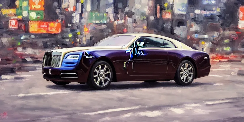 Prompt: a film still of a rolls royce wraith driving in the city of tokyo, oil painting, futuristic