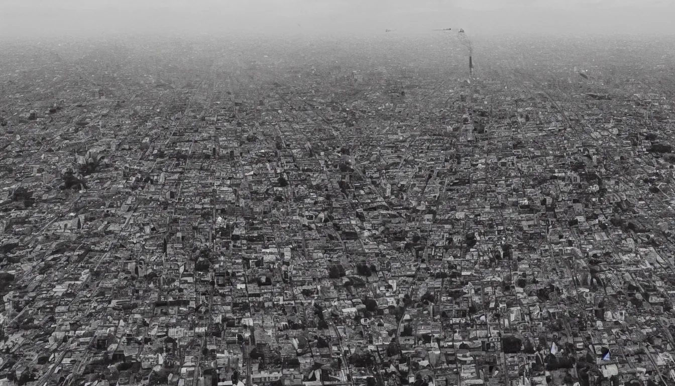 Image similar to Giant Gigachad destroying a city, drone footage black and white