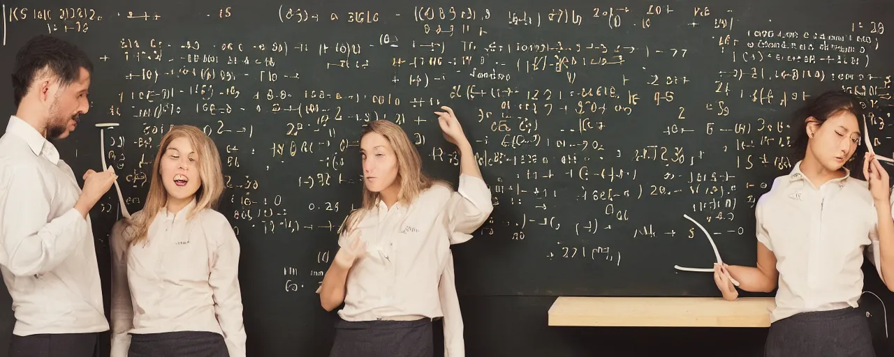 Image similar to mathematicians standing around a chalkboard with spaghetti, attempting to solve an algorithm, based on spaghetti, detailed facial expression, canon 5 0 mm, cinematic lighting, photography, retro, film, kodachrome