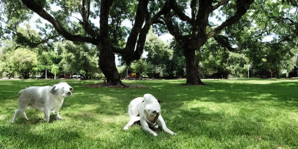 Prompt: newton cools off under a tree full of gardenias