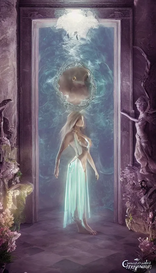 Prompt: goddess of illusion, beautiful, stunning, breathtaking, mirrors, glass, magic circle, magic doorway, fantasy, mist, bioluminescence, hyper - realistic, unreal engine, by gregory crewdson