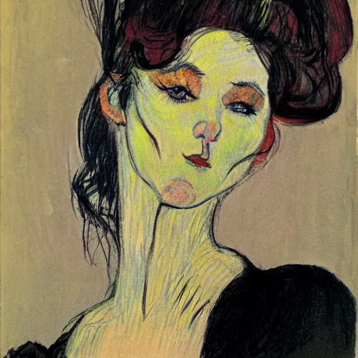 Image similar to beautiful woman, with long hair, black lips and yellow eyes, in the style of Toulouse-Lautrec photorealism 10K