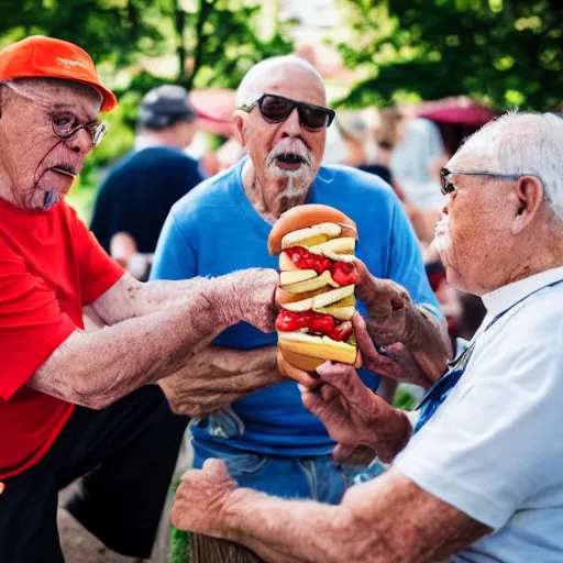 Prompt: elderly men fighting over a hotdog, 🌭, canon eos r 3, f / 1. 4, iso 2 0 0, 1 / 1 6 0 s, 8 k, raw, unedited, symmetrical balance, wide angle