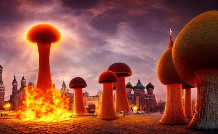 Image similar to ultra realistic shot of a big nuclear explosion with realistic nuclear mushroom in Red Square Kremlin, 8k