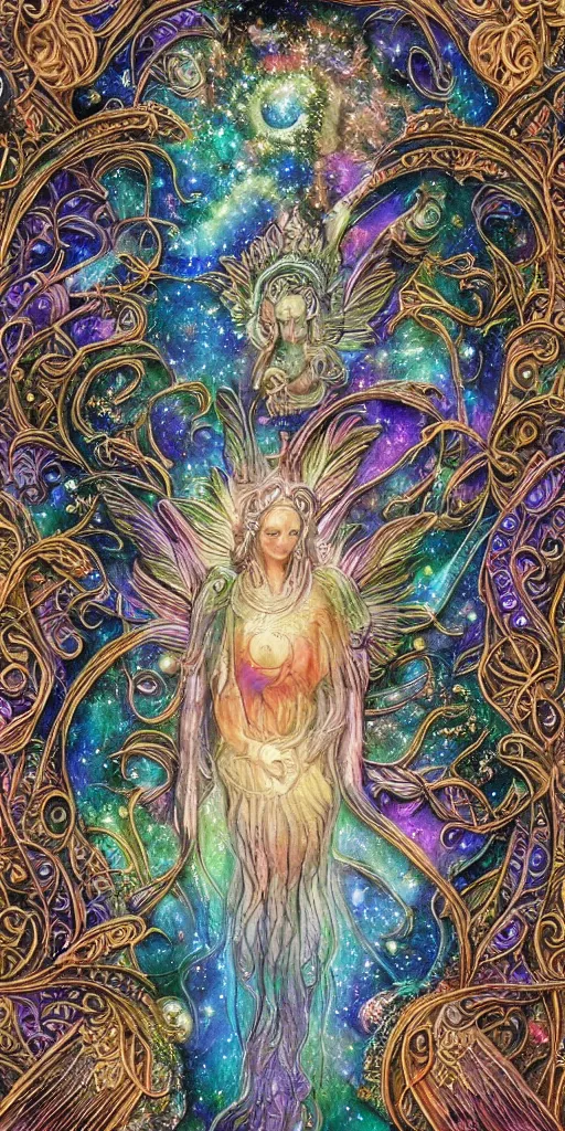 Image similar to intricate colourfully painted carved Soapstone relief paneling, iridescent, pearl and pale blue toned, celestial, cosmos, galaxies, planets, divinity, moon goddess, mother earth, Earth Goddess mythology, Gaia, angels, dream atmosphere, bright colors, vivid colors, Ghostly, crystaline celtic, insanly detailed , artstation, wallpaper, hyper realistic, realistic lighting