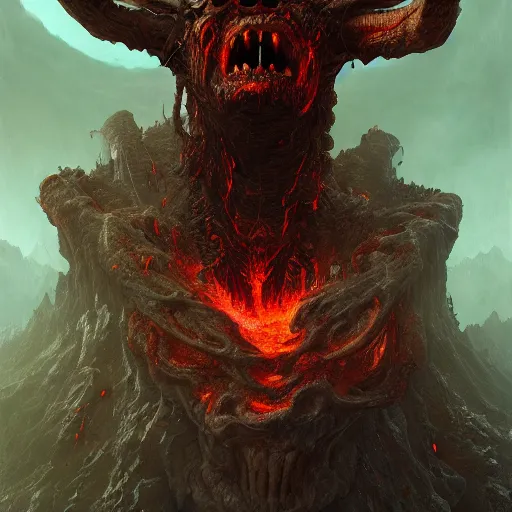 Image similar to a doom lord by an erupting volcano, au naturel, hyper detailed, digital art, trending in artstation, cinematic lighting, studio quality, smooth render, unreal engine 5 rendered, octane rendered, art style by klimt and nixeu and ian sprigger and wlop and krenz cushart