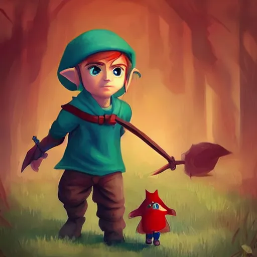 Image similar to attractive little boy character inspired in little hood red and link from legend of zelda, digital artwork made by lois van barlee, james jean and rhads