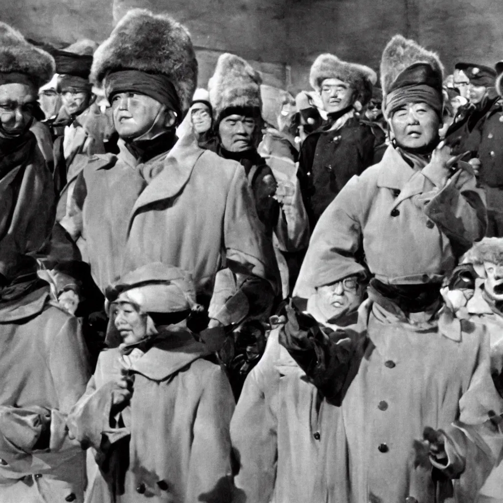Image similar to filmstill of Kim Jong-il wearing a furry chapka and playing the role of Omar Sharif in Doctor Zhivago by David Lean, 1965, cinemascope, Eastman Color Negative 50T 5251 Neg. Film, epic romance