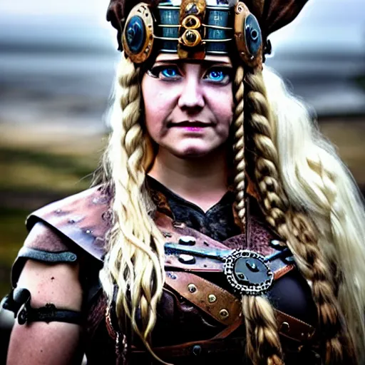 Prompt: photo of a real-life steampunk female viking