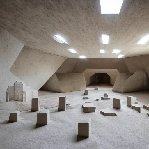 Image similar to indoor photo of a complex brutalist citadel made of 3 d printed rammed earth, people walking