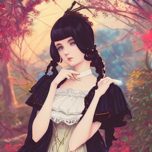 Image similar to portrait of a beautiful girl with dark hair dressed in victorian fashion, royal garden background, rich vivid colors, ambient lighting, dynamic lighting, 4k, official media, anime key visual, makoto shinkai, ilya kuvshinov, rossdraws, detailed, trending on artstation