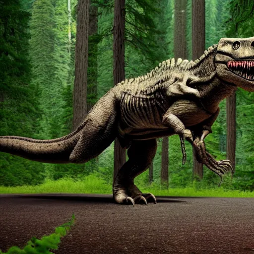 Prompt: a t rex in an canadian forest, 4 k high - resolution photograph, ultra detail, hd photo