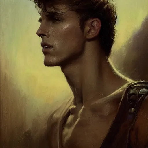 Image similar to handsome portrait of a young guy fitness posing, war hero, lanky, radiant light, caustics, reflective light, by gaston bussiere, bayard wu, greg rutkowski, giger, maxim verehin