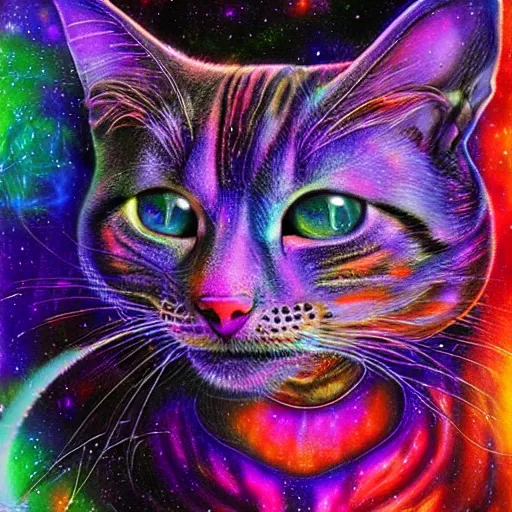 Image similar to a galaxy colored psychedelic chakra awakening kundalini ethereal portrait of a cat with her eyes closending to a higher plane of existence, eternal blessing, multiverse, by android jones, by ben ridgeway, visionary art, by artgerm, featured on artstation, cgsociety, by greg rutkowski