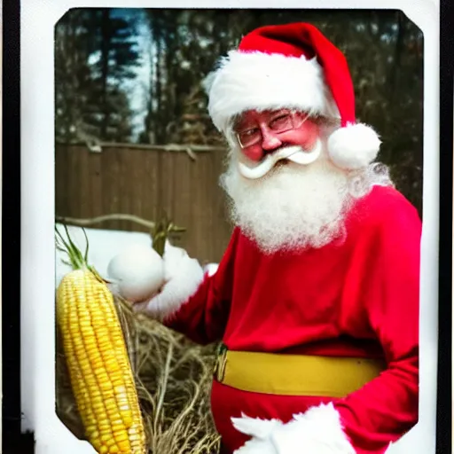 Prompt: candid 1981 polaroid photo of santa bringing you corn, distressed photo, horror vibe, unsettling