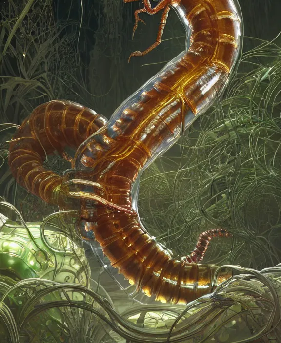 Image similar to opulent transparent clear see - through portrait of a terrifying beautiful male alien centipede computer cyborg, mottled coloring, adorable, childlike, overgrown biopunk jungle environment, ultra realistic, concept art, art nouveau, photorealistic, octane render, 8 k, unreal engine. art by christopher marley and artgerm and greg rutkowski and alphonse mucha