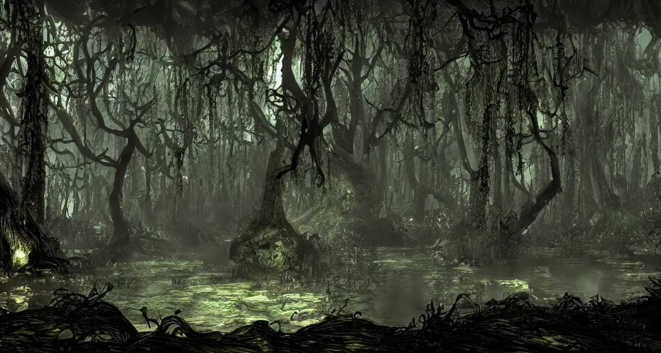 Image similar to A dense and dark enchanted forest with a swamp, from Guild Wars