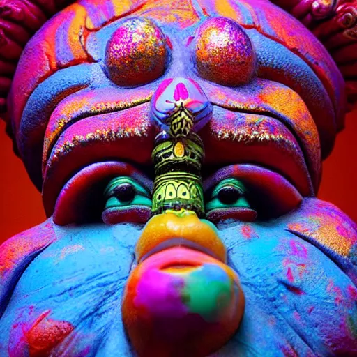 Prompt: photo of 8k ultra realistic Indian deity mouth filled with multi color crayons, clear sky, full of colour, cinematic lighting, battered, trending on artstation, 4k, hyperrealistic, focused, extreme details,unreal engine 5, cinematic, masterpiece, art by John Berkey