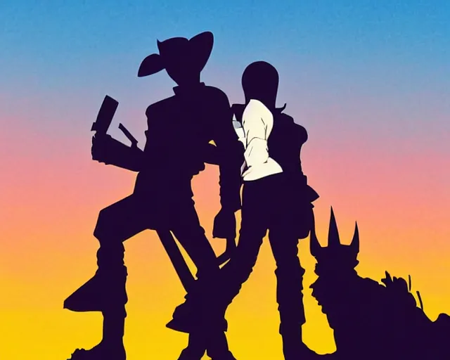 Image similar to cowboy bebop silhouette in the desert, synthwave