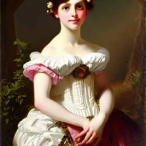 Image similar to portrait of a german teenage princess, circa 1 8 5 0 by franz xaver winterhalter, highly detailed, beautiful, oil on canvas, 1 8 5 0 s, romanticism