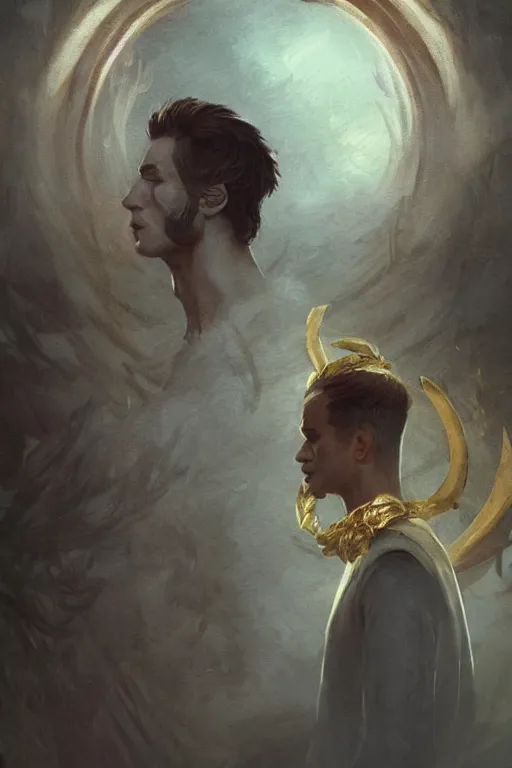 Image similar to a masculine elegant man from sideview and wearing golden laurel wreath, ethereal horror fantasy art by greg rutkowski and magali villanueve and monet con