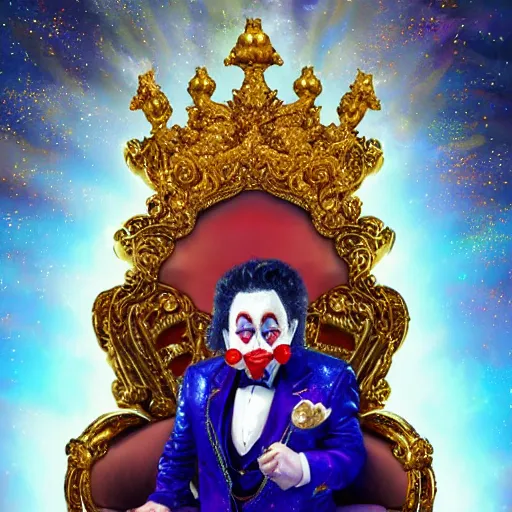 Prompt: shining giant throne made of millions of diamonds, gold and sapphires with thousands of light reflections, and a clown on a tuxedo suit is sitting on the throne while handing a golden balloon, dramatic light, digital painting, ultradetailed, artstation, oil painting