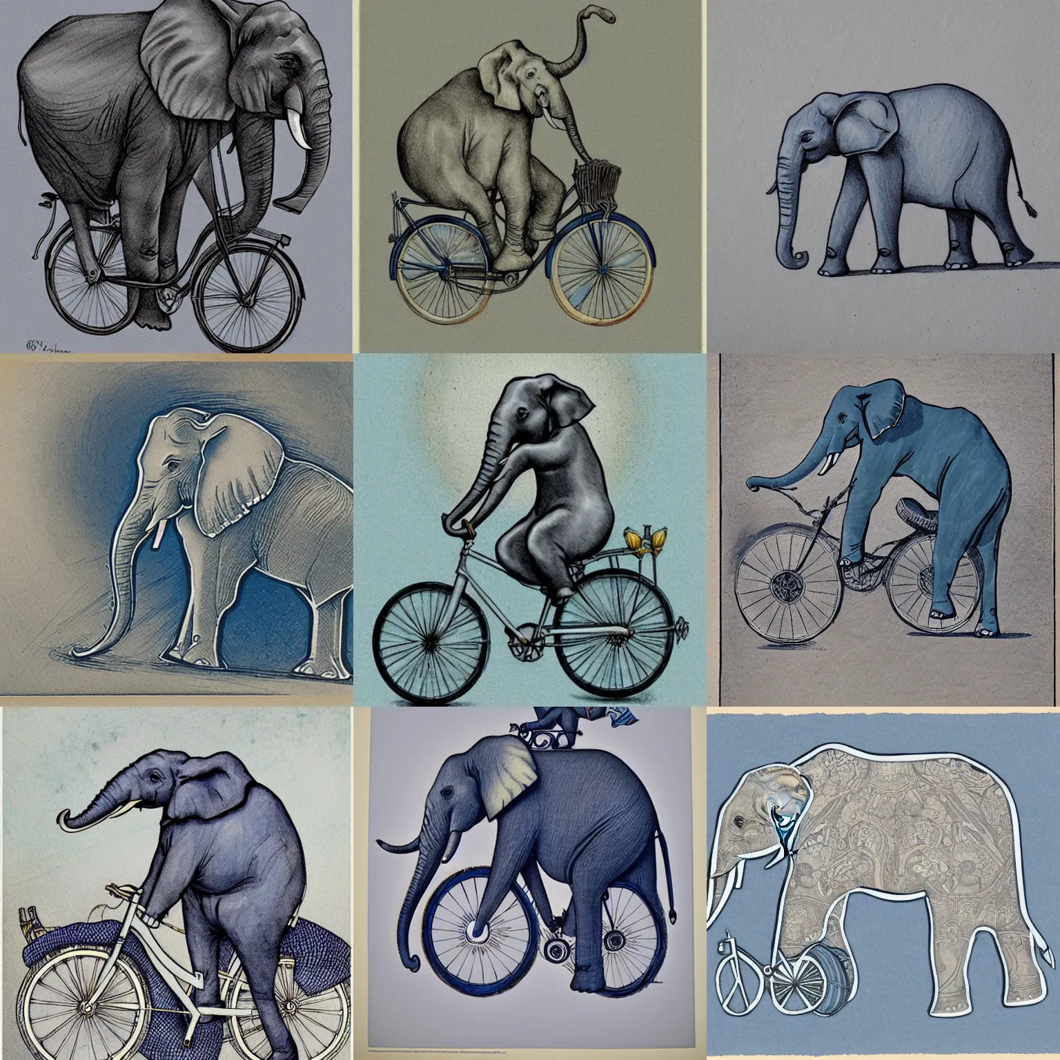 Prompt: an elephant riding a specially - made bicycle, art nouveau illustration, wash over graphite, vellum, payne's grey and cerulean blue