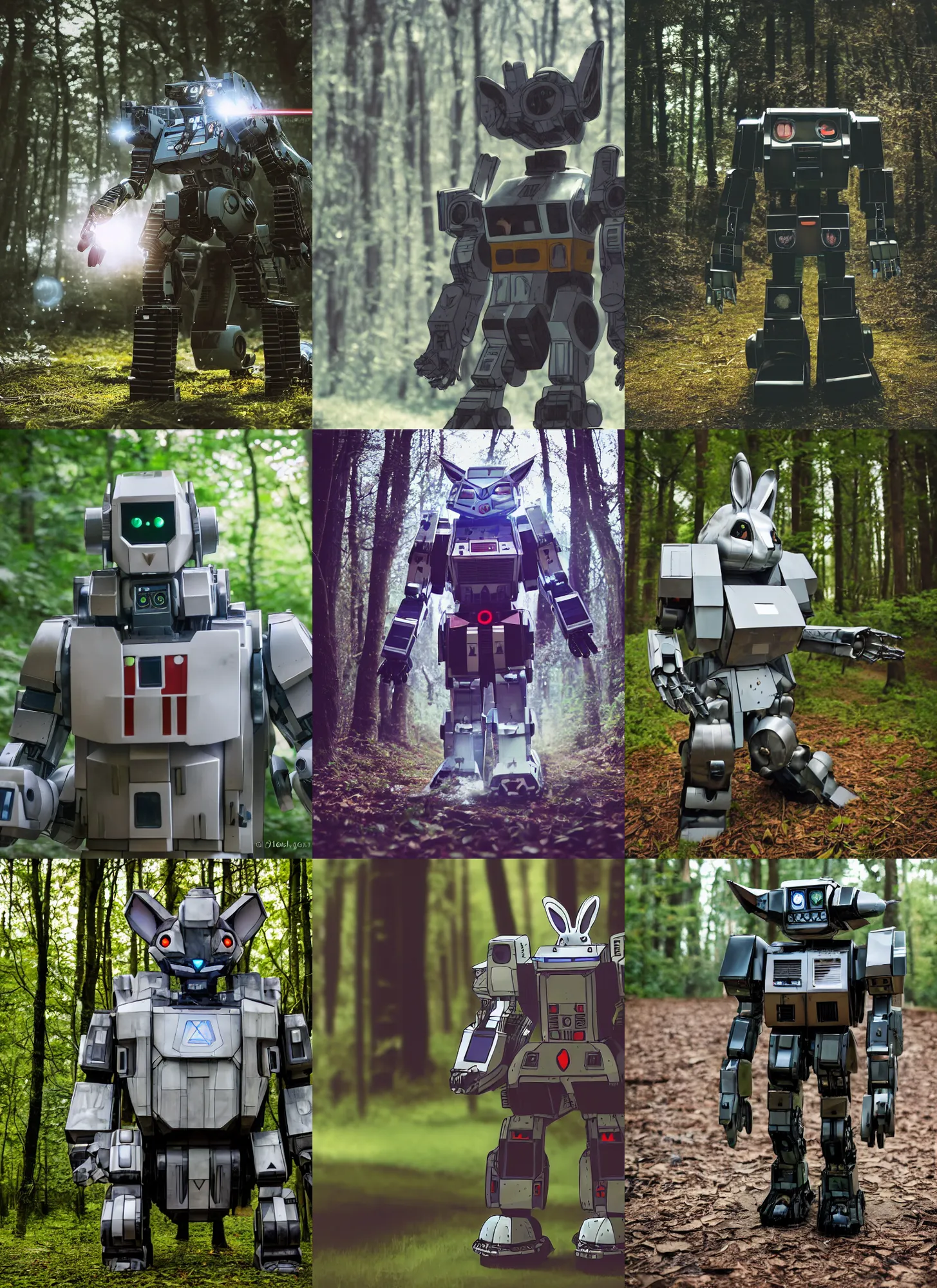 Prompt: a 3 5 mm photo from the front of a giant mecha armored war delorean robot as chubby cute rabbit gundam walking in the woods, splash art, movie still, bokeh, canon 5 0 mm, cinematic lighting, dramatic, film, photography, depth of field, award - winning, backlighting, overcast, 8 k, hyper detailed, 3 5 mm film grain