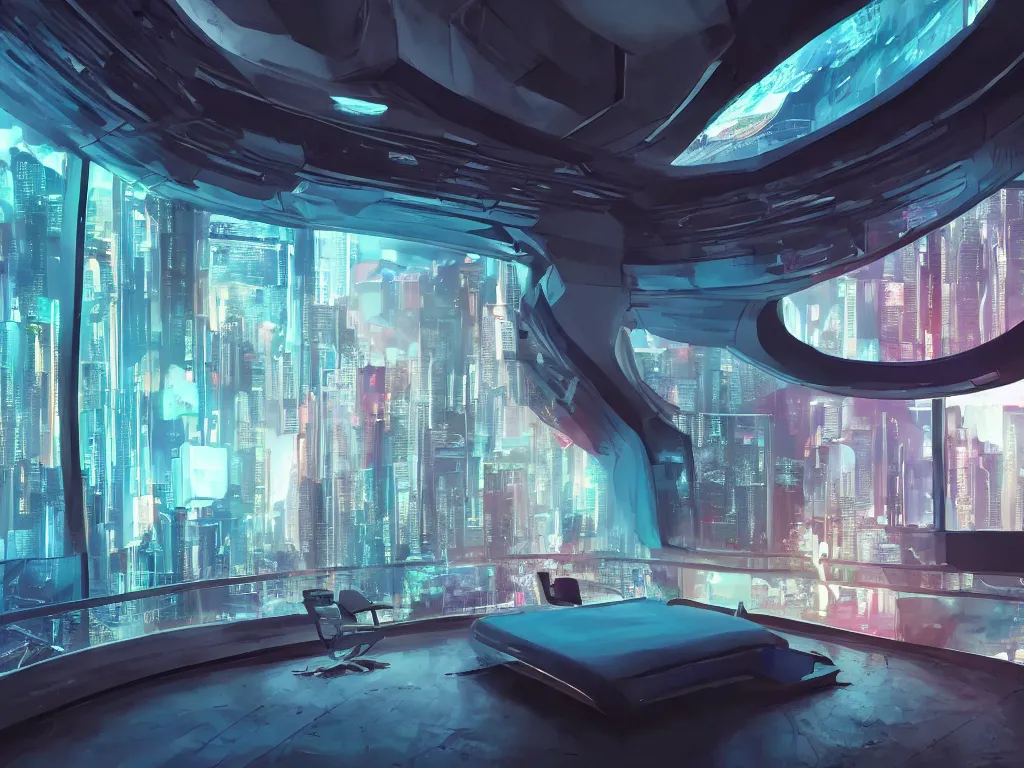 Image similar to a futuristic bedroom with large curved ceiling high windows looking out to a far future cyberpunk cityscape, cyberpunk neon lights, raining, scifi