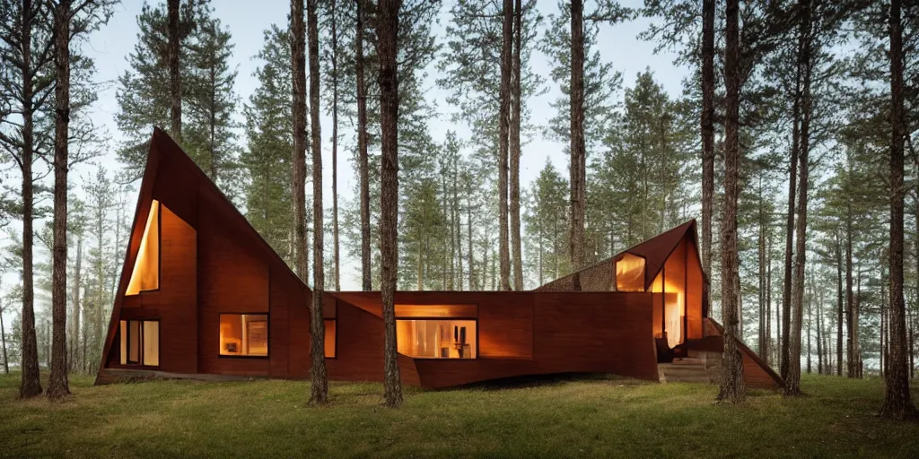 Image similar to minimal modernist a - frame house in the woods, beautiful lighting, volumetric, cinematic lighting, corona, detailed, symmetrical, minimal, clean