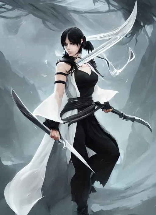 Image similar to a highly detailed illustration of fierce messy ponytail black haired one armed delinquent woman wearing long white tokkoufuku cape, dramatic wielding paper sword pose, intricate, elegant, highly detailed, centered, digital painting, artstation, concept art, smooth, sharp focus, league of legends concept art, wlop.