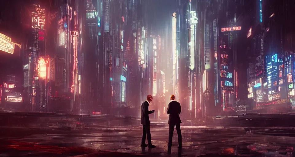 Image similar to An epic, distopian cityscape painting in the style of bladerunner with a blond man in a suit in the center and another man in a Trenchcoat talking to hin in secret, unreal 5, DAZ, hyperrealistic, octane render, volumetric clouds, dynamic lighting