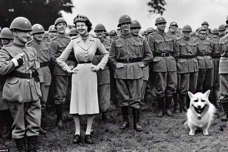 Image similar to ultra wide 1 9 4 6 historical far away photo of young queen elizabeth and her corgi army accepting the surrender of the german army, highly detailed