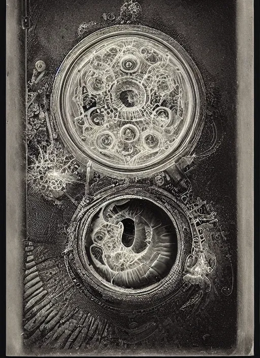 Prompt: old wetplate daguerreotype birth of artificial futuristic embryo life, fractal, intricate, elegant, highly detailed, parallax, leica, medium format, subsurface scattering, by jheronimus bosch and greg rutkowski and louis jacques mande daguerre