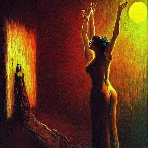 Image similar to Carmen sings beautifully, mesmerizing a crowd and shattering worlds- contest-winning artwork by Salvador Dali, Beksiński, Van Gogh and Monet. Stunning lighting