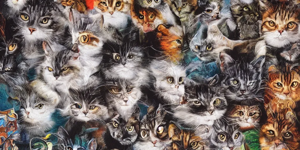 Prompt: mad cats, collage, acrylic on canvas, muralism, high resolution, cinematic, unreal 6 breathtaking detailed, breathtaking detailed, by blake neubert