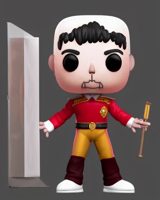 Image similar to full body 3 d render of freddy mercury as a funko pop!, four, studio lighting, white background, single body, no shadow, blender, trending on artstation, 8 k, highly detailed