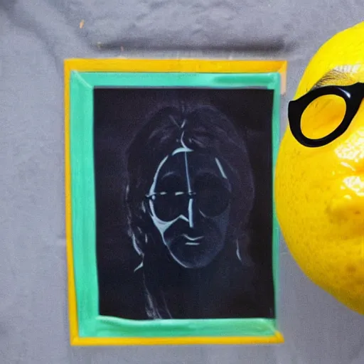 Prompt: a lemon dressed up as john lennon