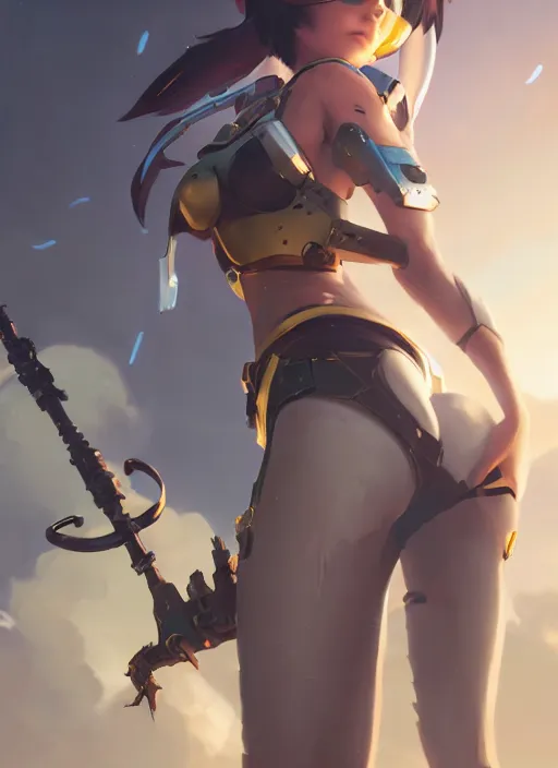 Image similar to highly detailed portrait tracer from overwatch as 2 b nier automata holding a sword, unreal engine, fantasy art by greg rutkowski, loish, rhads, makoto shinkai and lois van baarle, ilya kuvshinov, rossdraws, tom bagshaw, global illumination, radiant light, detailed and intricate environment