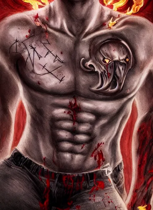 Image similar to Sam Winchester as a muscular half-blood demon with religious tattoos on chest and neck, open devil wings, stained and bleeding, magic overlays, magic flames, open portal with runes in the background, romance book cover style, D&D illustration style, (octane render) fantasy style, sharp focus, ultra detailed, art by Artgerm and Peter Andrew Jones, Ayami Kojima, Amano and Olivier Ledroit