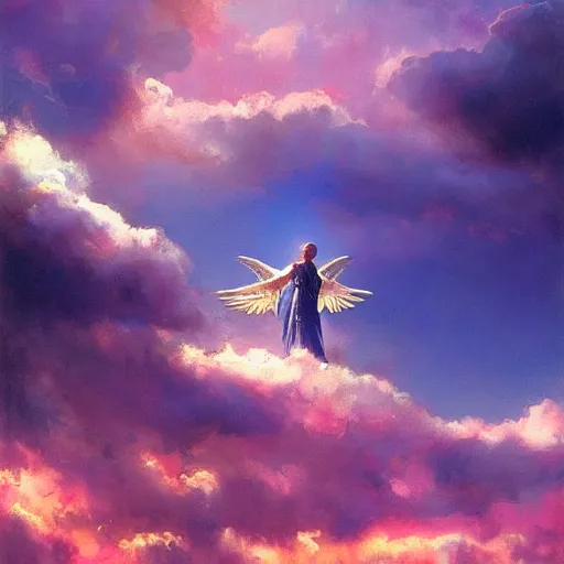 Prompt: a biblically accurate angel in a beautfiful sky, pink clouds illuminated by the sun, eerie, by craig mullins