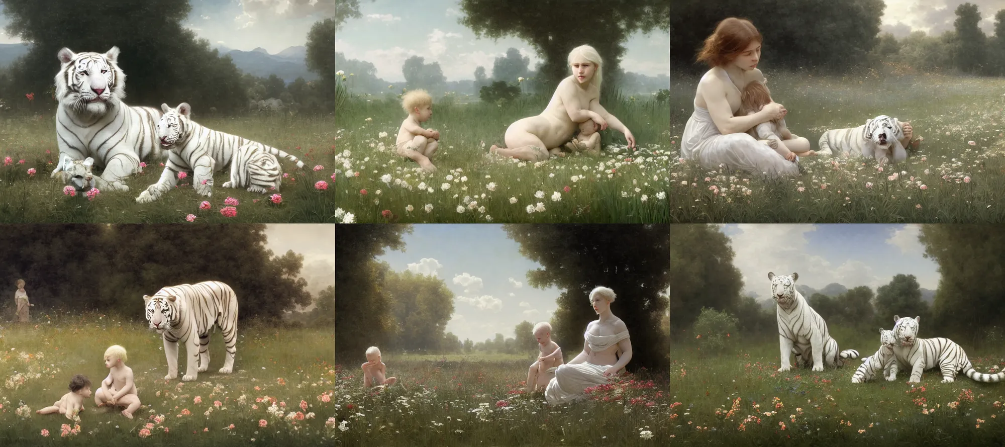 Prompt: a large albino white tiger sits beside a small child in a field of flowers by Greg Rutkowski, William-Adolphe Bouguereau, jason chan, Maxim Verehin, Peter Konig, final fantasy, photorealistic 8k, cinematic lighting, HD, high detail, atmospheric, trending on artstation