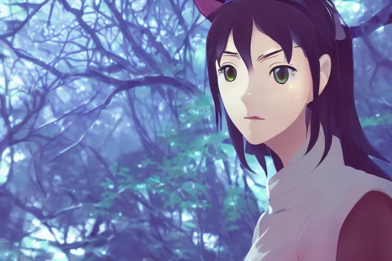 Prompt: female mage with cat ears in a jungle, detailed attractive face, fantasy art, anime style, by makoto shinkai, by studio ghibli, atmospheric, vector art, 4 k film still, close up portrait